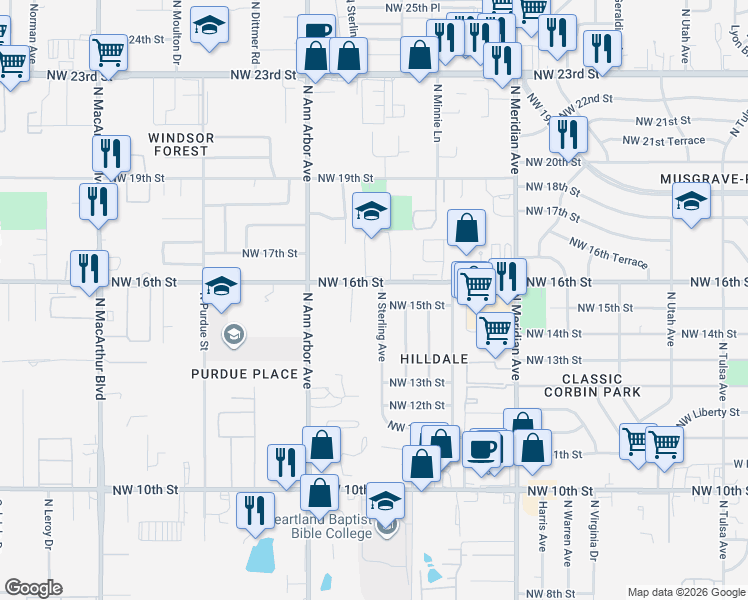 map of restaurants, bars, coffee shops, grocery stores, and more near 4721 Northwest 15th Street in Oklahoma City