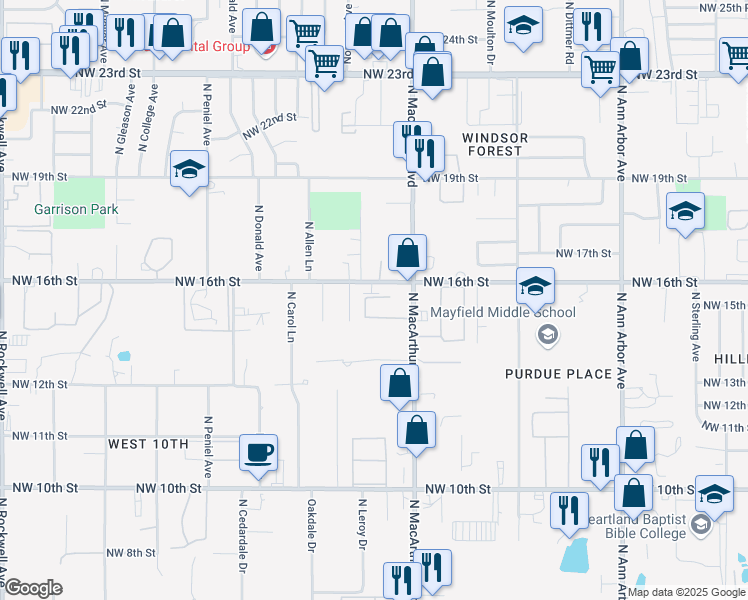 map of restaurants, bars, coffee shops, grocery stores, and more near 1617 North Macarthur Boulevard in Oklahoma City