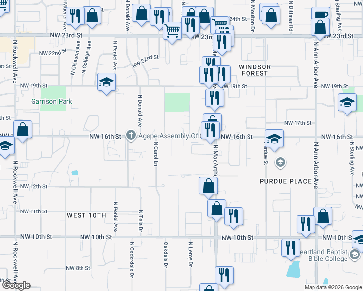 map of restaurants, bars, coffee shops, grocery stores, and more near 1624 Kavel Drive in Oklahoma City