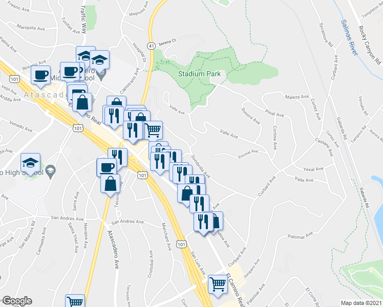 map of restaurants, bars, coffee shops, grocery stores, and more near Robles Avenue & Sombrilla Avenue in Atascadero