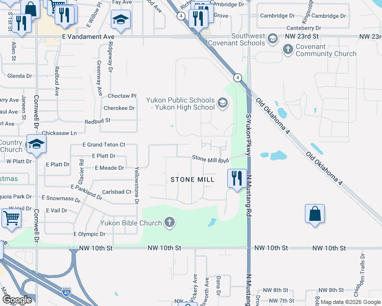 map of restaurants, bars, coffee shops, grocery stores, and more near 513 Stone Mill Boulevard in Yukon