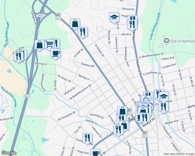 map of restaurants, bars, coffee shops, grocery stores, and more near 310 West Weatherspoon Street in Sanford