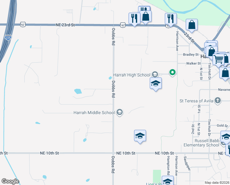 map of restaurants, bars, coffee shops, grocery stores, and more near 1724 Dobbs Road in Harrah