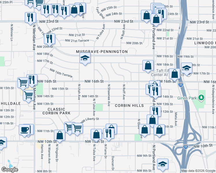 map of restaurants, bars, coffee shops, grocery stores, and more near 4001 Northwest 15th Street in Oklahoma City
