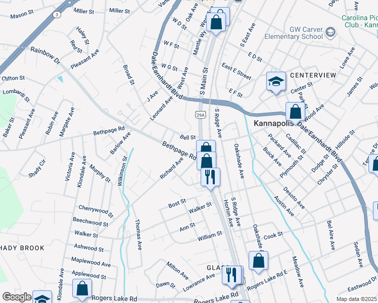 map of restaurants, bars, coffee shops, grocery stores, and more near 110 Bethpage Road in Kannapolis