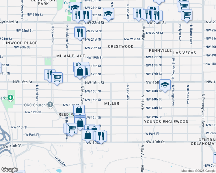 map of restaurants, bars, coffee shops, grocery stores, and more near 1615 North Miller Boulevard in Oklahoma City