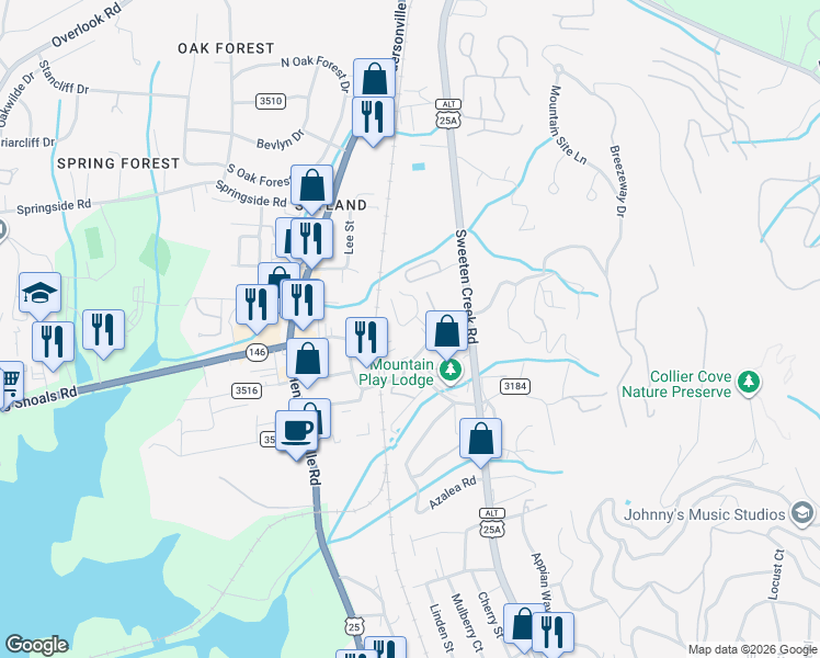 map of restaurants, bars, coffee shops, grocery stores, and more near 48 Ravencroft Lane in Asheville