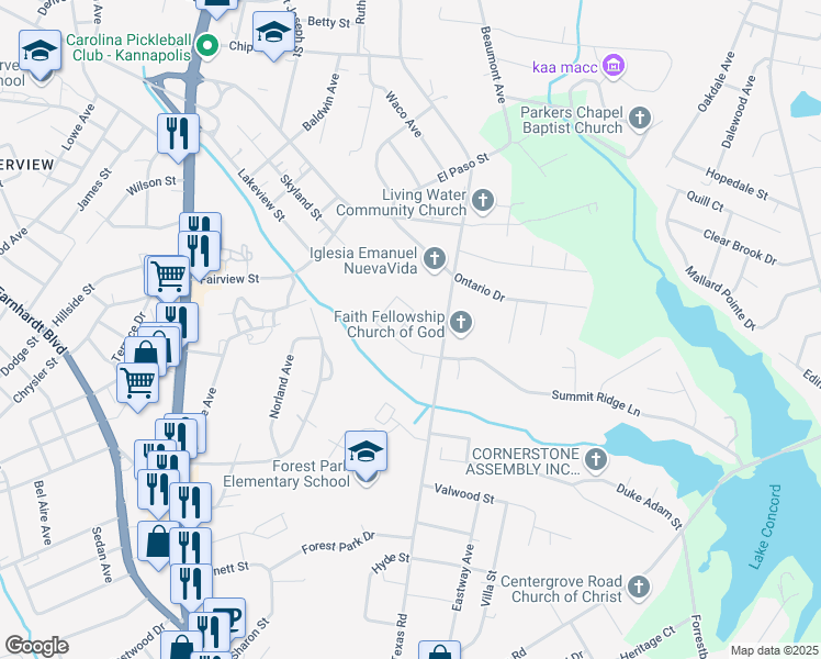map of restaurants, bars, coffee shops, grocery stores, and more near 1457 Sharon Hills Court in Kannapolis