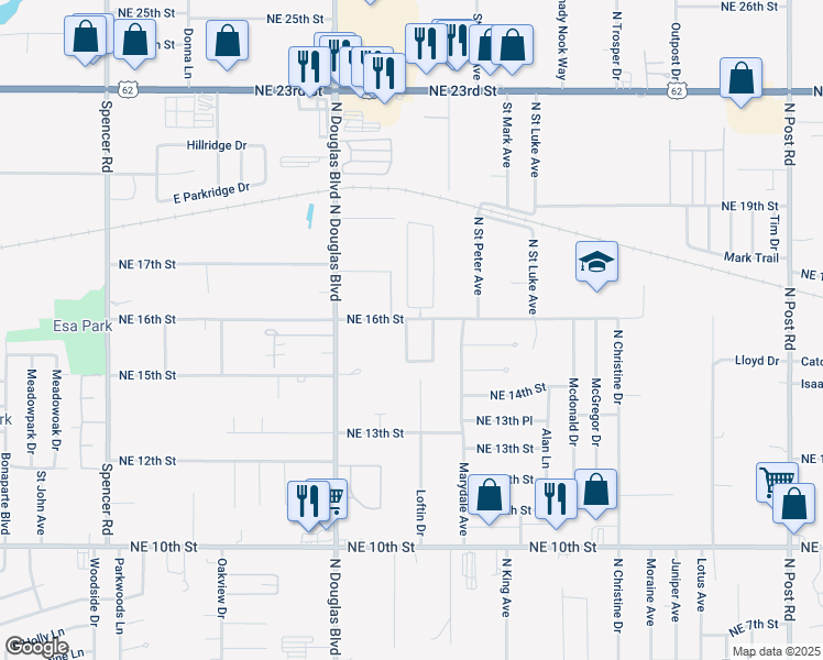 map of restaurants, bars, coffee shops, grocery stores, and more near 1620 Cynthia Drive in Midwest City