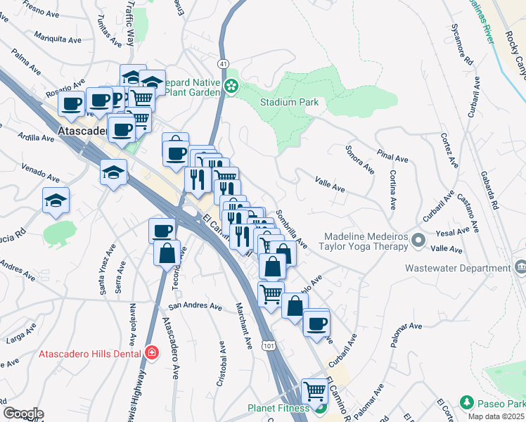 map of restaurants, bars, coffee shops, grocery stores, and more near 5470 Robles Avenue in Atascadero