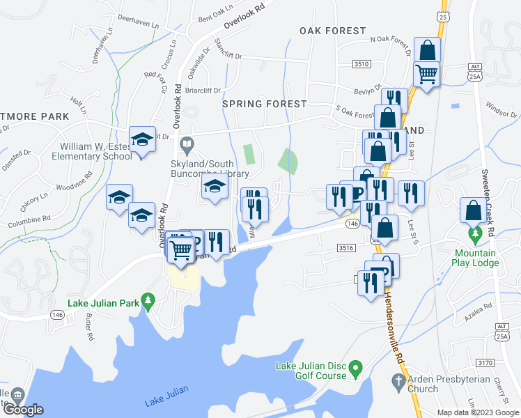 map of restaurants, bars, coffee shops, grocery stores, and more near Miami Circle in Arden
