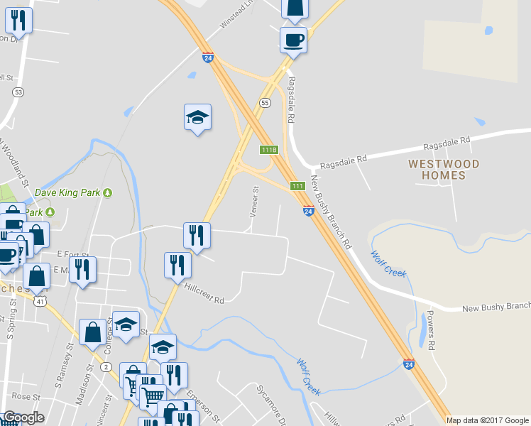 map of restaurants, bars, coffee shops, grocery stores, and more near 84 Veneer Street in Manchester