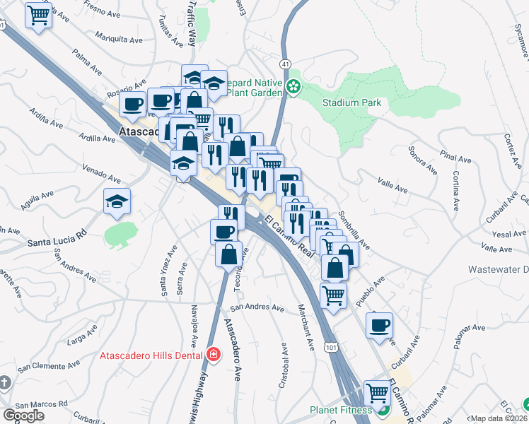 map of restaurants, bars, coffee shops, grocery stores, and more near 7065 El Camino Real in Atascadero