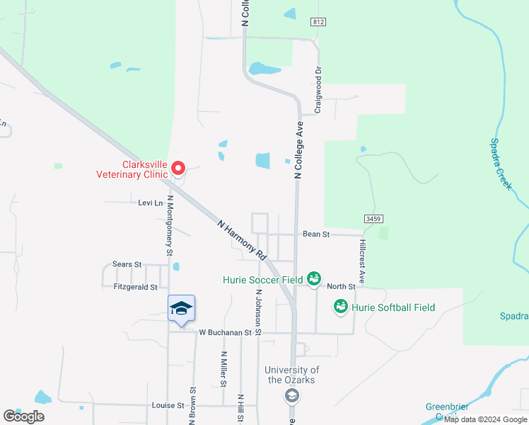 map of restaurants, bars, coffee shops, grocery stores, and more near 301 North Stanton Drive in Clarksville