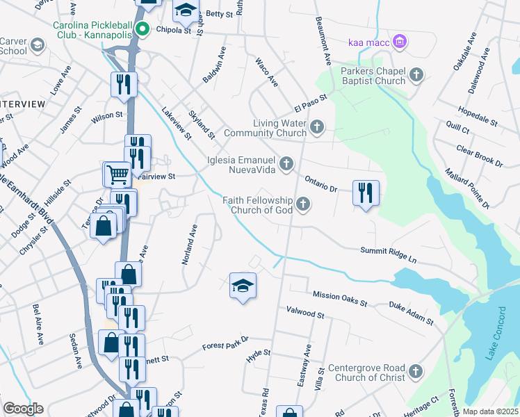 map of restaurants, bars, coffee shops, grocery stores, and more near 198 Fairmont Circle in Kannapolis