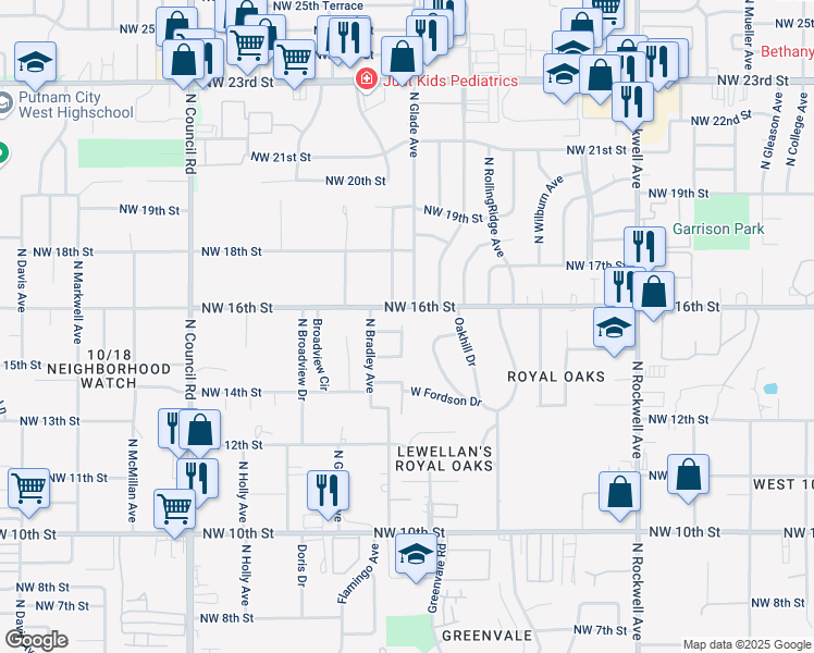 map of restaurants, bars, coffee shops, grocery stores, and more near 1600 Bradley Place in Oklahoma City