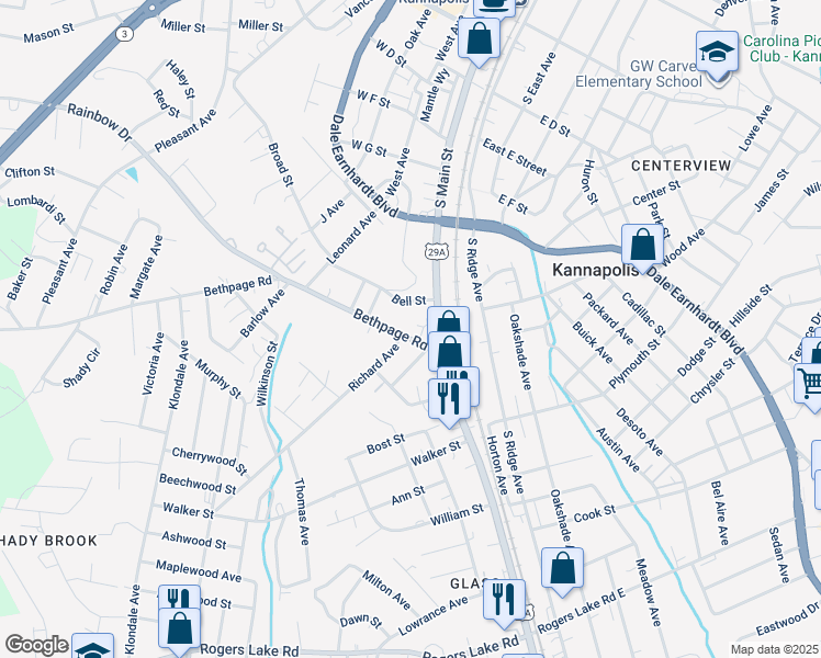 map of restaurants, bars, coffee shops, grocery stores, and more near 110 Bethpage Road in Kannapolis