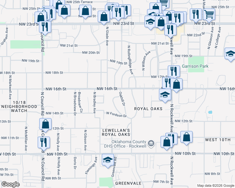 map of restaurants, bars, coffee shops, grocery stores, and more near 1601 Oakhill Drive in Oklahoma City