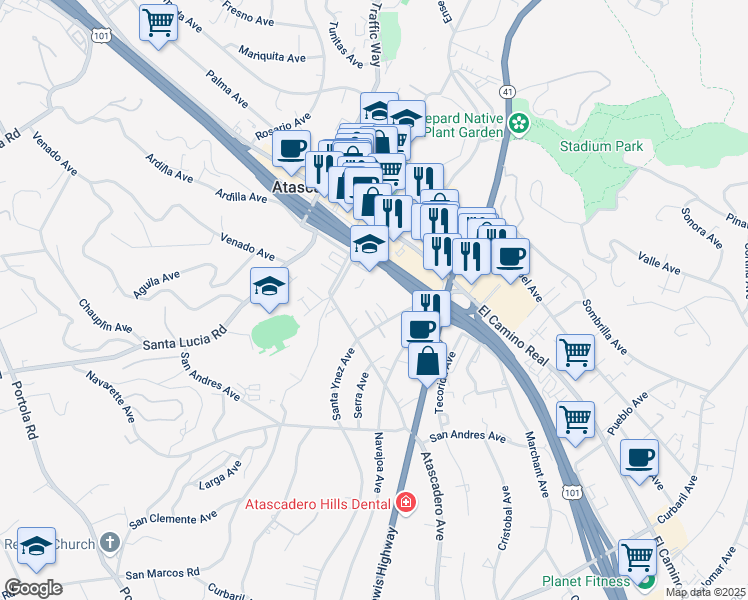 map of restaurants, bars, coffee shops, grocery stores, and more near 6260 Santa Ynez Avenue in Atascadero