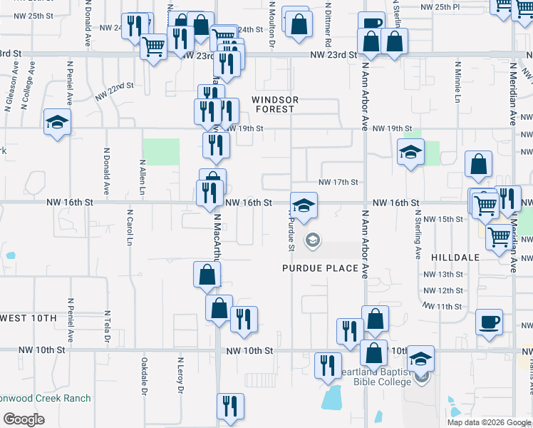 map of restaurants, bars, coffee shops, grocery stores, and more near 1611 Purdue Street in Oklahoma City