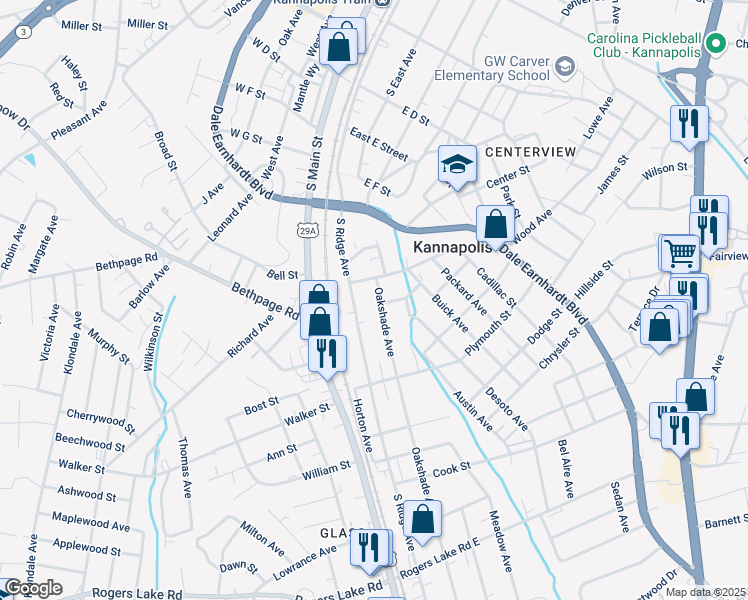 map of restaurants, bars, coffee shops, grocery stores, and more near 708 Oakshade Avenue in Kannapolis