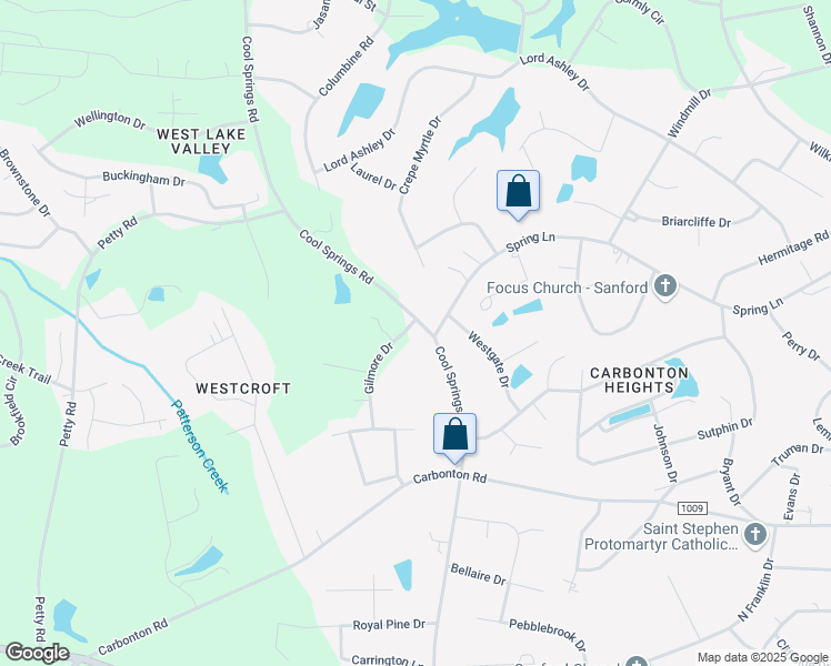 map of restaurants, bars, coffee shops, grocery stores, and more near 1105 Cool Springs Road in Sanford