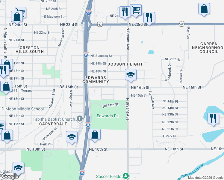 map of restaurants, bars, coffee shops, grocery stores, and more near 1608 Magnolia Avenue in Oklahoma City
