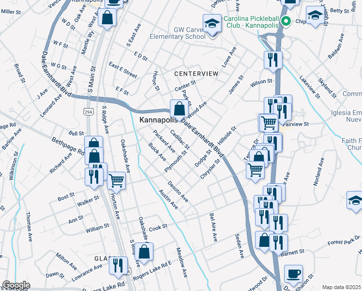 map of restaurants, bars, coffee shops, grocery stores, and more near 904 Cadillac Street in Kannapolis