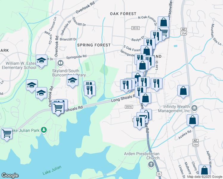 map of restaurants, bars, coffee shops, grocery stores, and more near 70 Allen Avenue in Asheville
