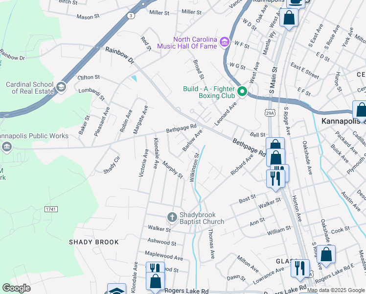 map of restaurants, bars, coffee shops, grocery stores, and more near 632 Barlow Avenue in Kannapolis