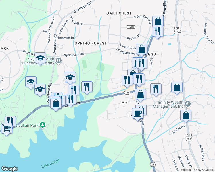 map of restaurants, bars, coffee shops, grocery stores, and more near 20 Sky Exchange Drive in Asheville