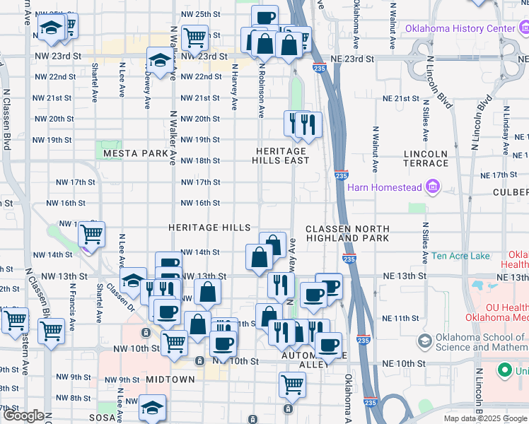 map of restaurants, bars, coffee shops, grocery stores, and more near 132 Northwest 16th Street in Oklahoma City