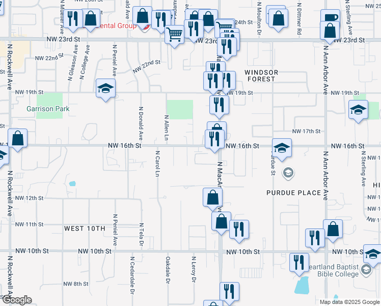 map of restaurants, bars, coffee shops, grocery stores, and more near 1624 Kavel Drive in Oklahoma City