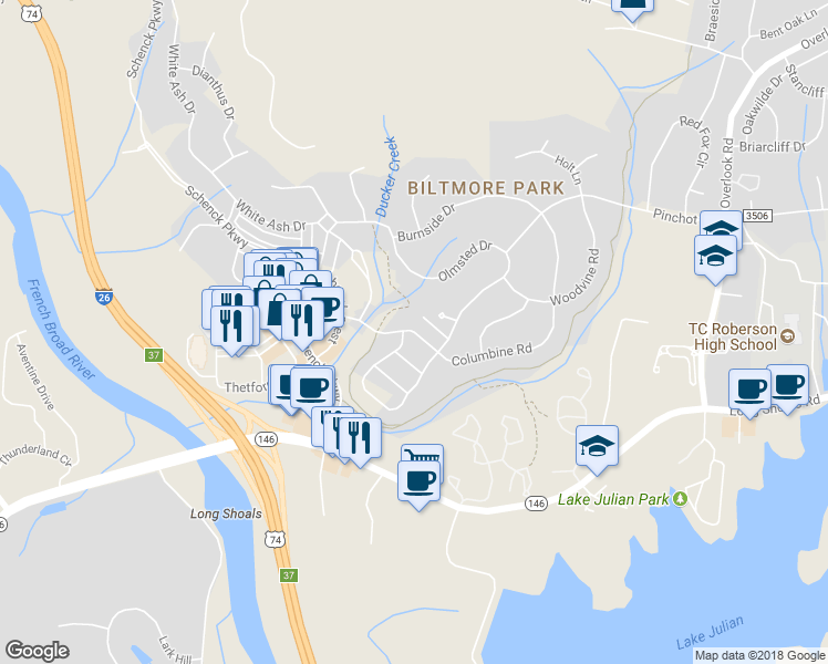 map of restaurants, bars, coffee shops, grocery stores, and more near 1066 Columbine Road in Asheville