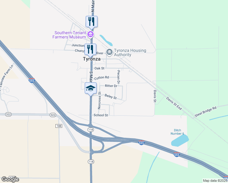 map of restaurants, bars, coffee shops, grocery stores, and more near 333 Pecan street in Tyronza