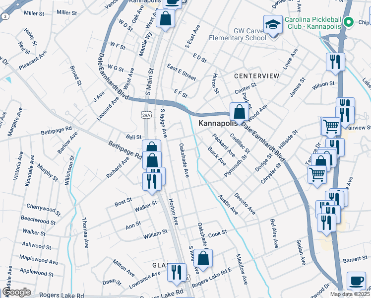 map of restaurants, bars, coffee shops, grocery stores, and more near 708 Oakshade Avenue in Kannapolis