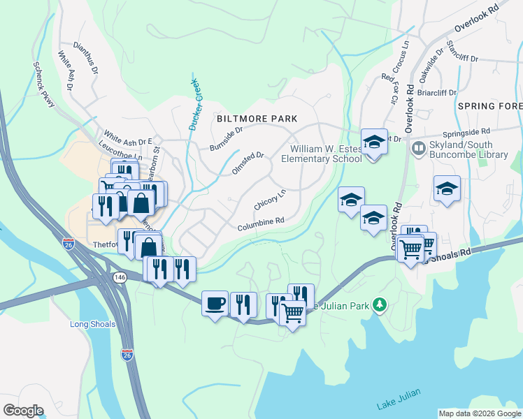 map of restaurants, bars, coffee shops, grocery stores, and more near 1114 Chicory Lane in Asheville