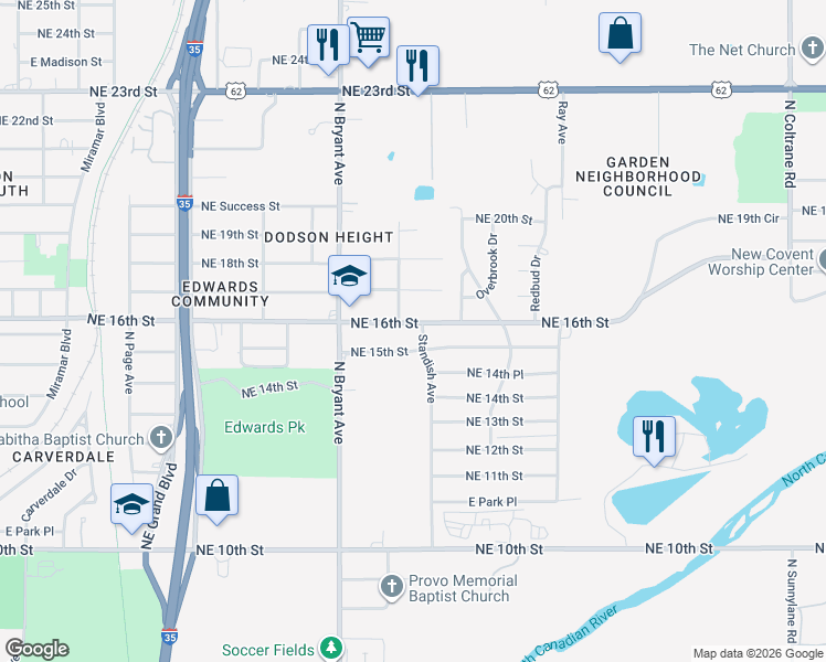 map of restaurants, bars, coffee shops, grocery stores, and more near 3056 Northeast 16th Street in Oklahoma City