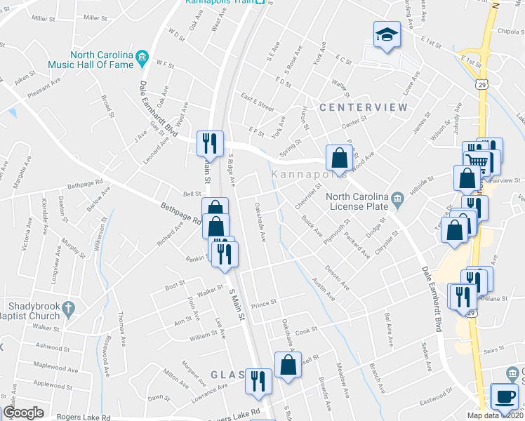 map of restaurants, bars, coffee shops, grocery stores, and more near 709 Oakshade Avenue in Kannapolis