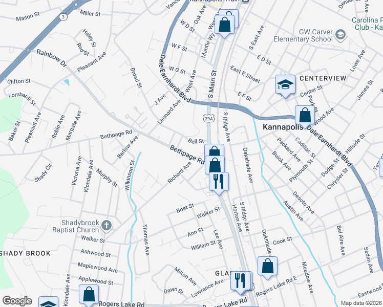 map of restaurants, bars, coffee shops, grocery stores, and more near 202 Bethpage Road in Kannapolis