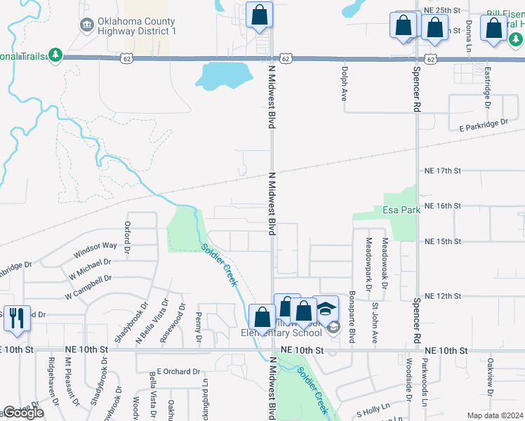 map of restaurants, bars, coffee shops, grocery stores, and more near 1507 North Midwest Boulevard in Midwest City