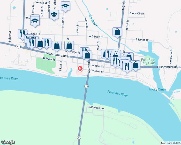 map of restaurants, bars, coffee shops, grocery stores, and more near 707 West River Street in Ozark