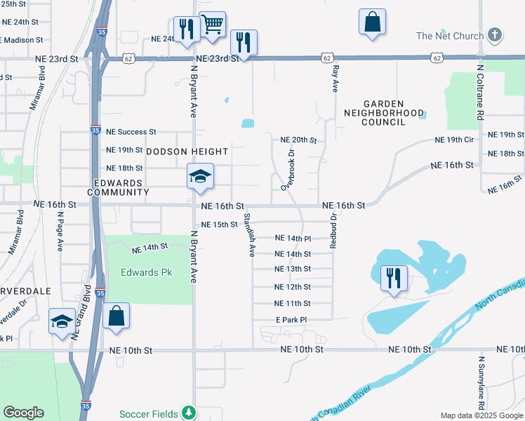 map of restaurants, bars, coffee shops, grocery stores, and more near 3116 Northeast 16th Street in Oklahoma City