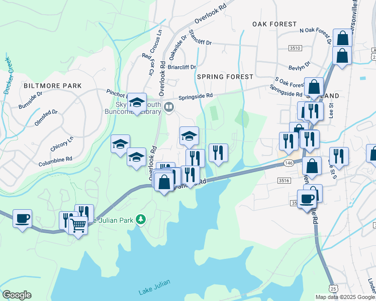 map of restaurants, bars, coffee shops, grocery stores, and more near 250 Overlook Road in Asheville