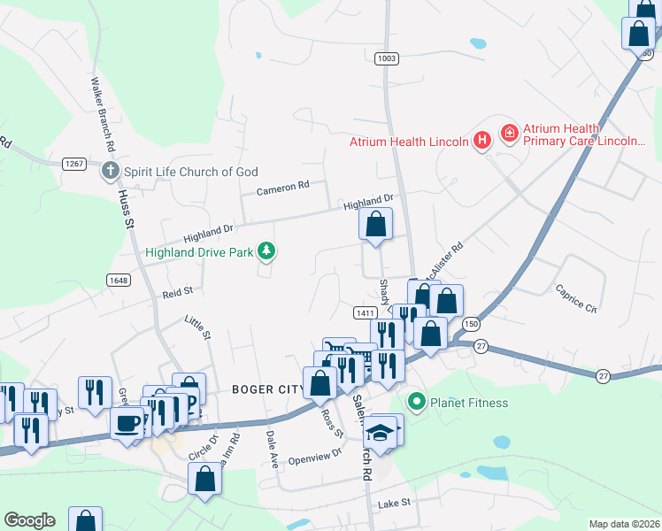 map of restaurants, bars, coffee shops, grocery stores, and more near 2043 Bost Street in Lincolnton