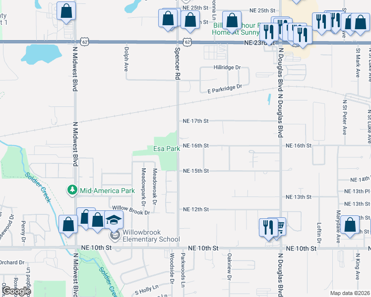 map of restaurants, bars, coffee shops, grocery stores, and more near 8520 Northeast 16th Street in Midwest City