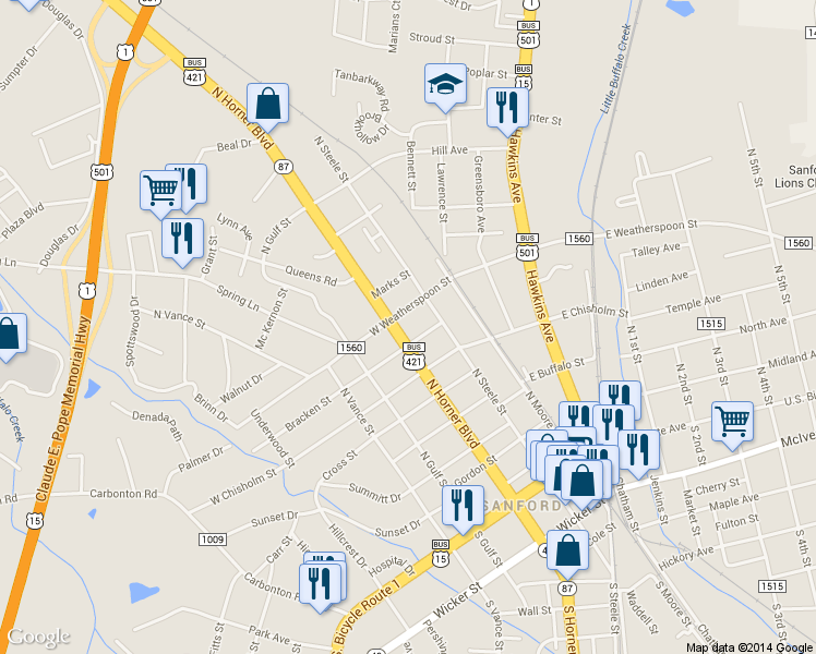 map of restaurants, bars, coffee shops, grocery stores, and more near 500 North Horner Boulevard in Sanford