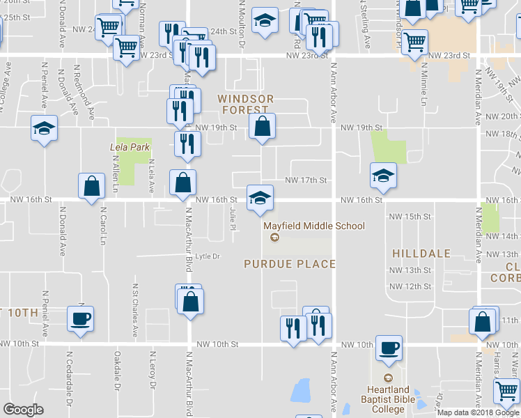 map of restaurants, bars, coffee shops, grocery stores, and more near 1611 Purdue Street in Oklahoma City