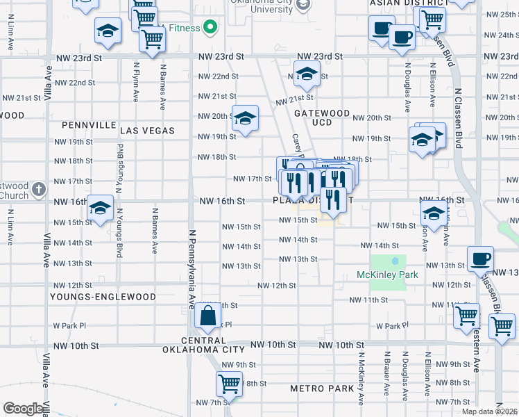 map of restaurants, bars, coffee shops, grocery stores, and more near 1625 North Kentucky Avenue in Oklahoma City