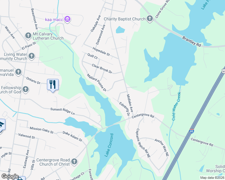 map of restaurants, bars, coffee shops, grocery stores, and more near 2152 Mallard Pointe Drive in Kannapolis